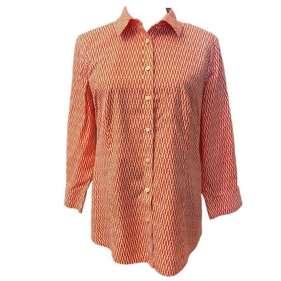 Talbots Coral and White Geometric Print Fitted Button Down Top Size 12 - Picture 1 of 14